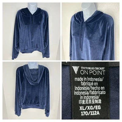 Sudadera con Capucha Victoria's Secret On Point Azul Terciopelo Recortado Talla XL Athleisure Foto 1 de 4