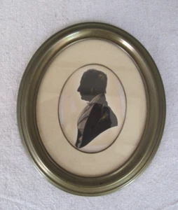 Antique Watercolor Silhouette Gentleman Portrait c. 1850's in Oval Brass Frame - Picture 1 of 5