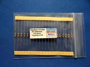 Resistors, carbon film, 1/4 watt, 5%, axial leaded, 6.8 Ohm - QTY of 20 - Picture 1 of 1