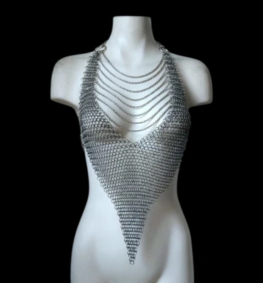 Handmade Aluminum Butted Chainmail Halter Top, Medieval-Inspired Festival Armor - Image 1 of 4
