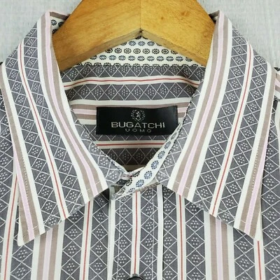BUGATCHI UOMO Size 2XL Flip Cuff Button Down Pink Gray Striped Contrast Shirt - Image 1 of 4