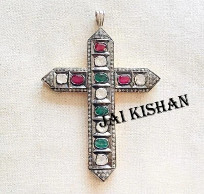 Elegant Smaragd Rubin Edelstein Polki Pave Diamant 925 Sterling Silber Anhänger - Bild 1 von 4