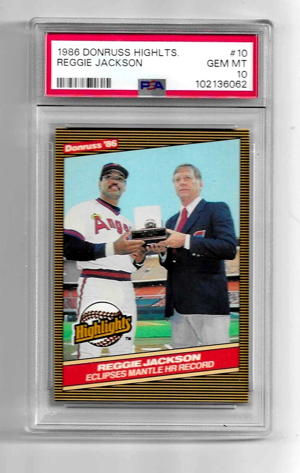 Tarjeta de béisbol 1986 Donruss Highlights 10 Hof Reggie Jackson PSA 10 Mickey Mantle Foto 1 de 4