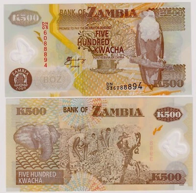 Zambia 500 Kwacha 2009 P -43g  UNC Polymer Note - Eagle / Elelphant - Image 1 of 3