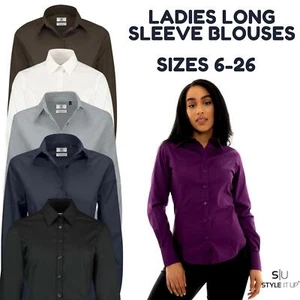 Ladies Womens Long Sleeve Blouses Office Shirts Work Formal Smart Top Size 8-26 - Picture 1 of 30