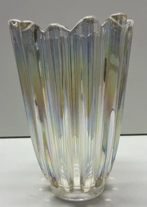 Federal Glass Celestial Iridescent Vase Ribbed Ruffled 8” Art Deco Hollywood VTG - Picture 1 of 8