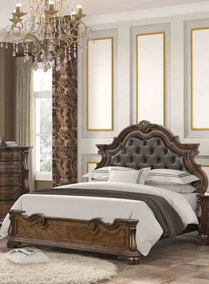 Traditional Style Dark Brown Queen Size 1pc Wooden Panel Bed Set Button Tufting - Image 1 of 4