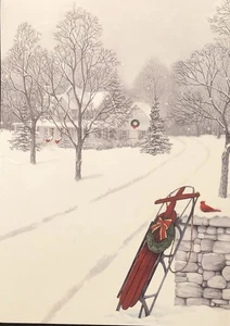 Vintage Weihnachtsgrußkarte schwarz-weiß mit roten Details Schlitten Kardinal Kränze - Bild 1 von 4