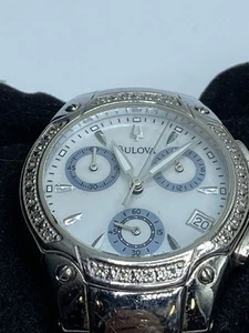 BULOVA Diamonds Chrono White MOP Dial Date Ladies Stainless Steel Watch - Picture 1 of 8
