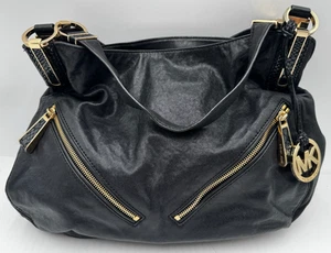 Michael Kors Womens Handbag Black Pebbled Leather Inner Pockets MK Logo Hobo Bag - Picture 1 of 10