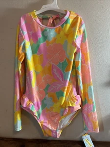 Cat And Jack Girls Multicolor One Piece Long Sleeves Swimsuit Size Large 10/12 - Picture 1 of 9