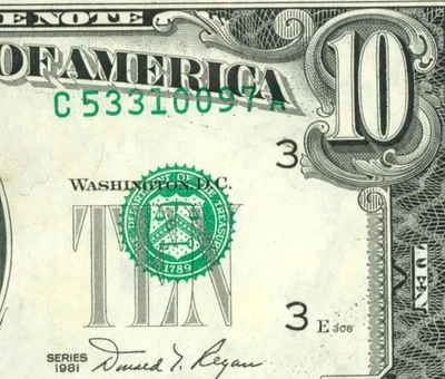 ((ERROR - DESALINEADO)) BILLETE DE $10 1981 RESERVA FEDERAL ** PAPEL MONEDA Foto 1 de 3