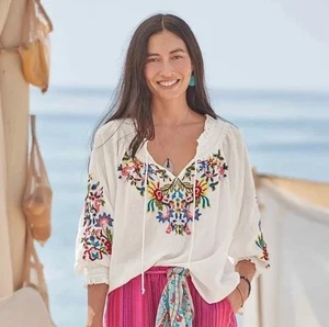 Sundance Embroidered Swaying Palms Top Women’s XS White Multi Tie Neck Relaxed - Picture 1 of 12