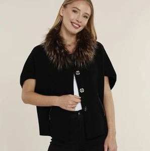Dolce Cabo REAL Natural Fur-100% Raccoon Collar- Short-Sleeve Cardigan M/L Black - Picture 1 of 17