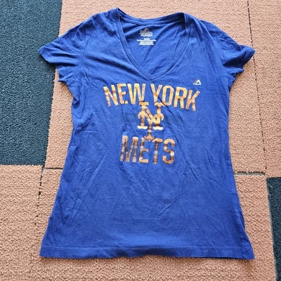 Majestic New York Mets Women's Small Blue T-Shirt Vee S/S Graphic Faded Y3a - Image 1 of 4