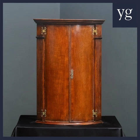 English Georgian Style Oak Bow Front Wall Corner Cupboard Cabinet (Circa 1980) Cover
