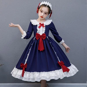 Lolita Girls Dress Petticoat Hairband Set 3/4 Sleeve Navy Bowknot Ruffle Dance - Picture 1 of 11