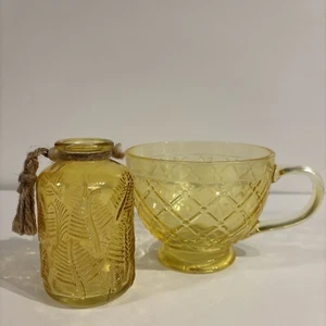 Set Yellow Embossed Glass Coffee Tea Mug With Decorative Glass Vase Old Style - Picture 1 of 7