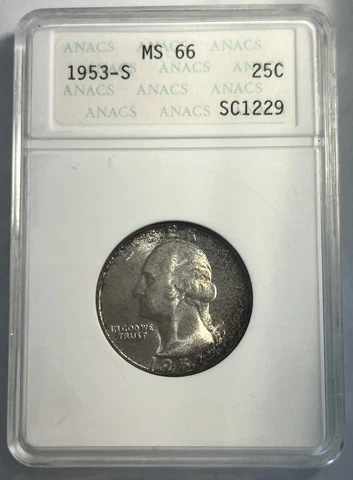 1953-S WASHINGTON SILVER QUARTER GRADED ANACS MS66 OLD SOAPBOX HOLDER TONED Cover