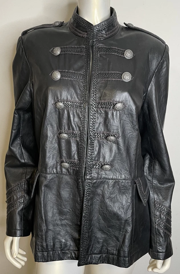 Double D Ranch Black Leather Military Jacket L Pockets Silver Eagle Button Braid - Image 1 of 4