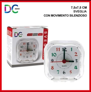 SVEGLIA ANALOGICA COMODINO PLASTICA TRASPARENTE CON MOVIMENTO SILENZIOSO 7,5X7,5 - Foto 1 di 1