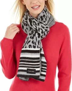 Calvin Klein Womens Leopard Jacquard Scarf Heather Mid Grey - Picture 1 of 2