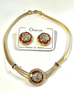 Orena Paris Red Gold Button Earrings And Necklace Set Vintage - Picture 1 of 13