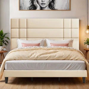 King Size Wood Slats Platform Bed Frame Upholstered Linen Headboard Extra Comfy - Picture 1 of 10