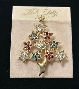 KIRKS FOLLY CHRISTMAS TREE RED, WHITE AND BLUE PIN GOLD TONE 2.5” - Picture 1 of 5