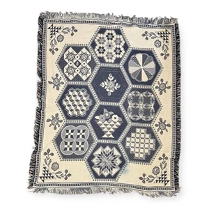 Abstract Flower Afghan Blanket 58"x48" Blue White VTG Reversible Throw Tapestry - Picture 1 of 6