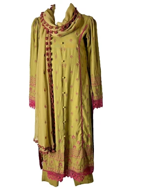 3 Pc Embroidered Kurta Pants & Dupatta Shawl Scarf Olive Green Pink Women's XS - Image 1 of 4