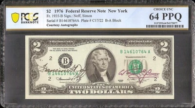 1976 $2 BILL DUAL HAND SIGNED COURTESY AUTOGRAPHED BICENTENNIAL NOTE PCGS 64 PPQ - Image 1 of 2