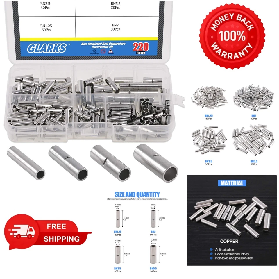 Glarks 220pcs Non-insulated Butt Connectors Assortment Kit