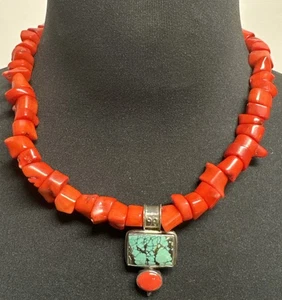 Vintage Red Branch Coral Beaded Necklace Turquoise Sterling Silver 925 (113.2g) - Picture 1 of 19