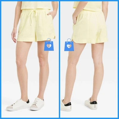 XL - Pantalones cortos de lino de tiro alto para mujer - Hilo universal - Amarillo Foto 1 de 4