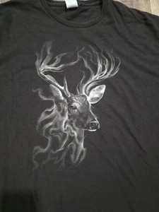 Vintage Deer Buck Smoke 90s Black Y2K Distressed Grunge Tee Shirt Sz 2XL - Picture 1 of 7