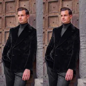 Winter Schwarz Samt Herren Anzug Zweireiher Peak Label Mode Blazer Kleidung - Bild 1 von 6