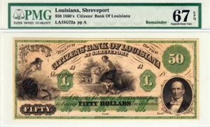 1800's $50 The Citizens' Bank of LOUISIANA at Shreveport - Superb Gem Unc. 67EPQ - Picture 1 of 1