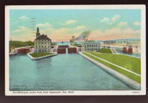 MICHIGAN MI 1947 Soo Locks from East Approach Postcard - Picture 1 of 2