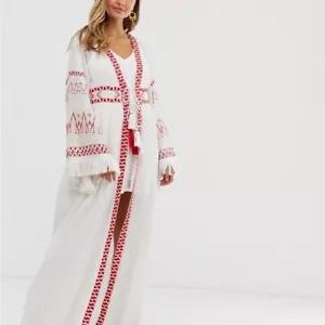 ASOS Viloet Skye Fransen Maxi Boho Beachy Cover Up Kapuze US 2 Kimonoärmel - Bild 1 von 9