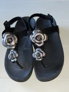 FitFlop Sandals Women’s 11 Floretta Black Suede Pewter Lavender Flower Slingback - Picture 1 of 8