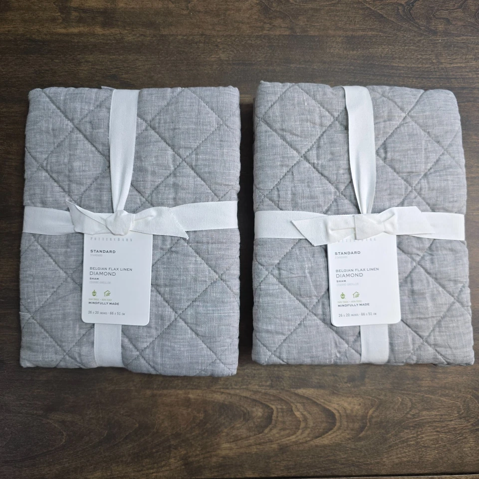 2 Pottery Barn Belgian Flax Linen Diamond Quilted Standard Shams 8457327 Gray