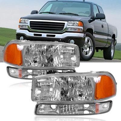 Headlights w/ Bumper Lamps For 1999-2007 GMC Sierra 1500 2500 2000-2006 Yukon XL Foto 1 de 4
