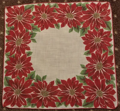 Vintage CHRISTMAS Holiday Hankie RED Poinsettias Floral FlowersCotton 14" Sq - Image 1 of 3
