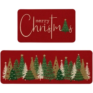 Merry Christmas Kitchen Rugs Sets of 2, Xmas Holiday Christmas Tree Kitchen M... - Bild 1 von 7