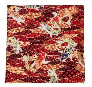 Gascoigne Hand Stitched Japanese Kimono Fabric Pocket Square Red Gold Black Fish - Picture 1 of 5