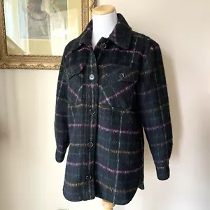 Loft Plaid Shacket Jacket XS Black Pink Blue Shaggy Thick Button Pockets Casual - Picture 1 of 8