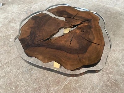 Custom Made Walnut Wood & Clear Epoxy Round Dining Table - Image 1 of 4