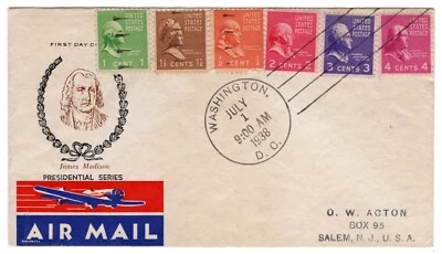 #808 Presidential Series 4c James Madison 1938 FDC - Planty #4 Combo - Image 1 of 2