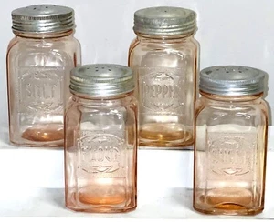 VINTAGE PINK GLASS 4 1/2" SALT PEPPER FLOUR SUGAR SHAKERS SET * Guaranteed Old * - Picture 1 of 4